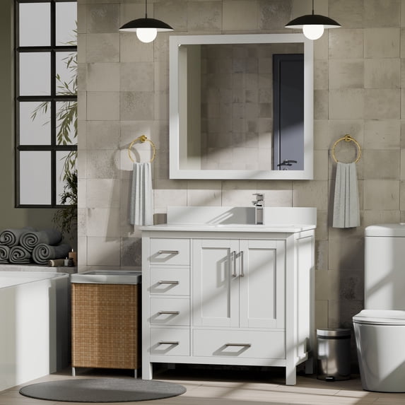 Jacques 36 in. W Right Offset White Bath Vanity, White Quartz Top, & 34 in. Mirrors