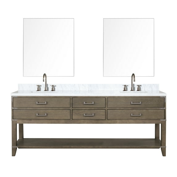 Lexora Norwalk 84 in W x 22 in D Grey Oak Double Bath Vanity, Carrara Marble Top, Faucet Set, and 36 in Mirrors