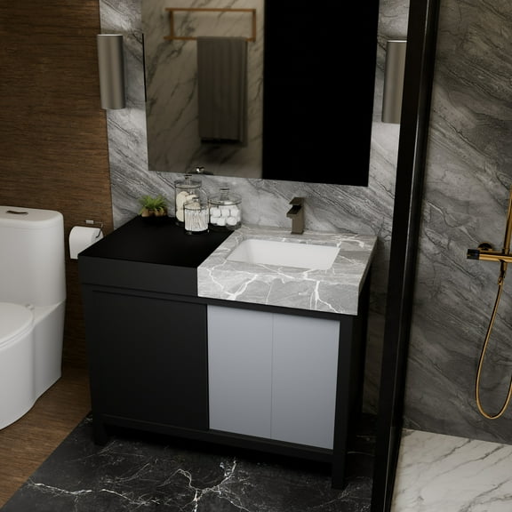 Zilara 42 in W Black and Grey Vanity, Castle Grey Marble Top, Faucet Set and 34 in Mirror