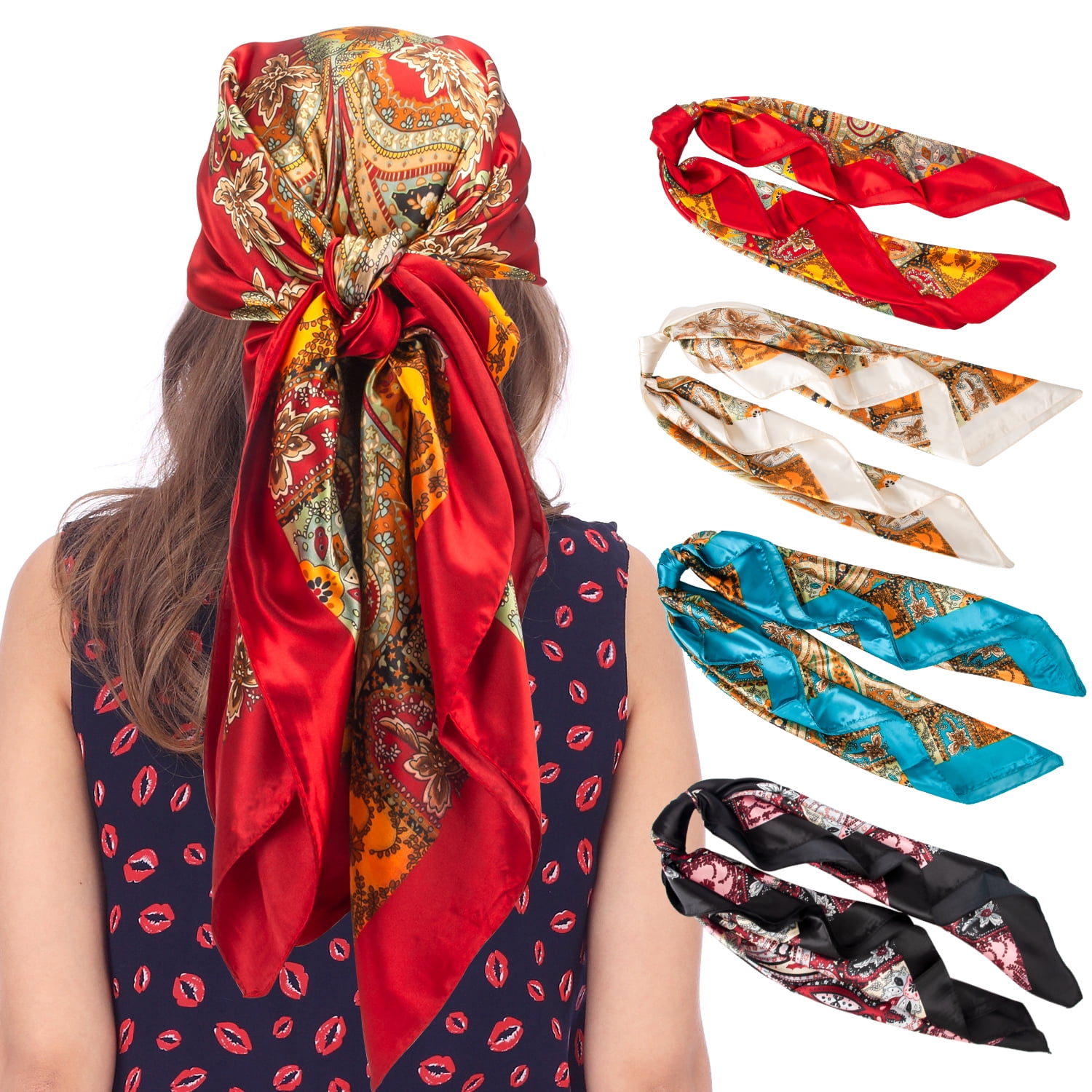 Lexvss 4 Pack 35" Large Silk Scarf Satin Square Head Scarves Silk Like
