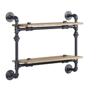 Ley 18 Inch Wood Wall Mount Double Shelf Metal Pipe Design Brown Black - Saltoro Sherpi