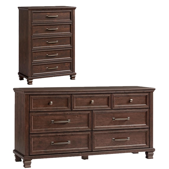 Leyaoyao 2-Piece Farmhouse Bedroom Set, Include 5-Drawer Dresser and 7 Drawers Horizontal Chest, Thickened Top & Square Legs, Walnut
