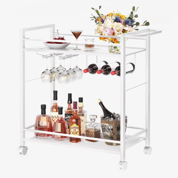 Leyaoyao 2-Tier Bar Cart, Serving Cart with Wheels and Handle, Beverage Cart with Wine Rack and Glass Holders, White
