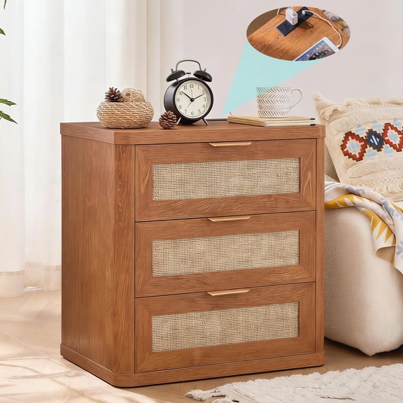Leyaoyao 23" Rattan Nightstand with Charging Station, Adult 3-Drawer Boho Bedside Table, Tea Brown Storage Cabinet for Bedroom, Living Room, Hallway