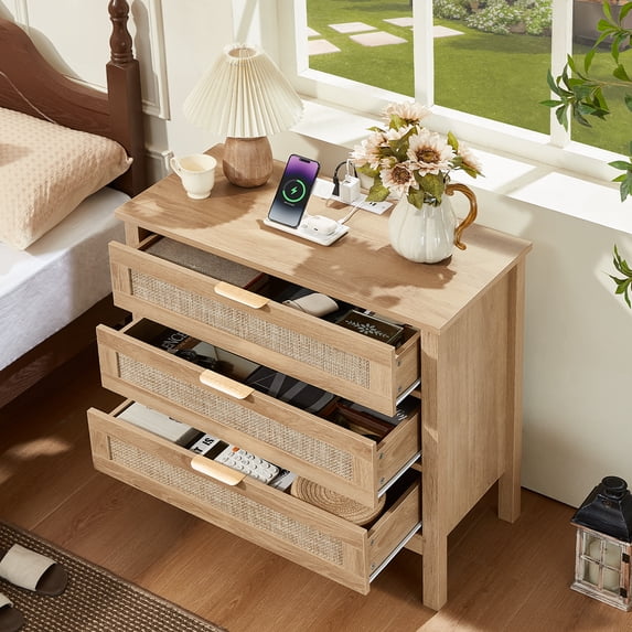 Leyaoyao 3-Drawer Storage Nightstand with Charging Station, 31.5" Wide Rattan Bedside Table, Boho Storage Cabinet with Shelf for Bedroom, Living Room, Natural