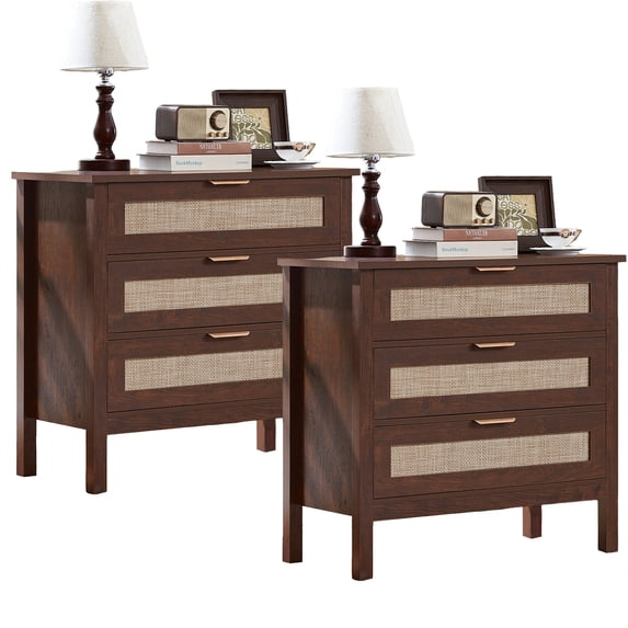 Leyaoyao 3-Drawer Storage Nightstand Set of 2, 31.5" Wide Rattan Bedside Table, Boho Storage Cabinet with Shelf for Bedroom, Living Room, Walnut