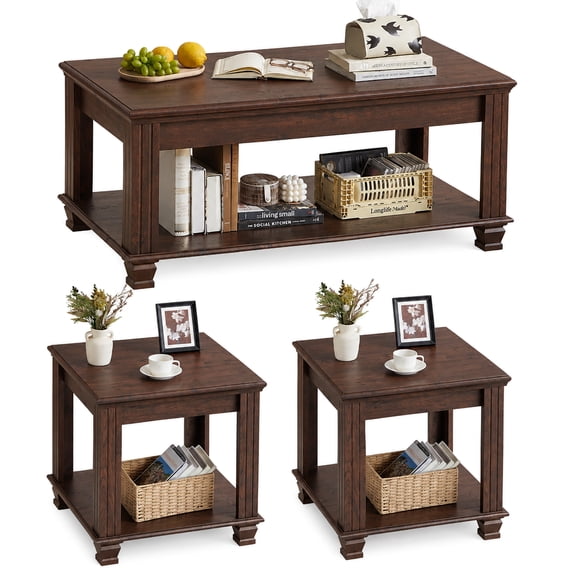 Leyaoyao 3-Piece Coffee Table Set with Open Shelf, Rustic Farmhouse End Table Set, Wood Furniture Set for Living Room, Walnut