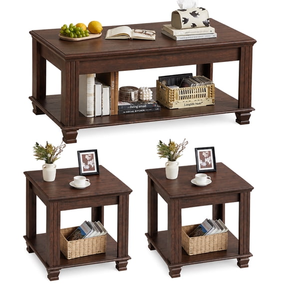 Leyaoyao 3-Piece Coffee Table Set with Open Shelf, Rustic Farmhouse End Table Set, Wood Furniture Set for Living Room, Walnut