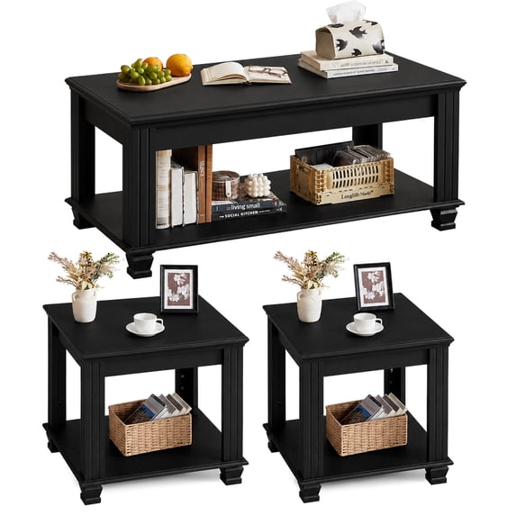 Leyaoyao 3 Pieces Living Room Coffee Table Set, Farmhouse Coffee Table & 2 End Tables with Open Shelf, Wood Furniture Set, Black