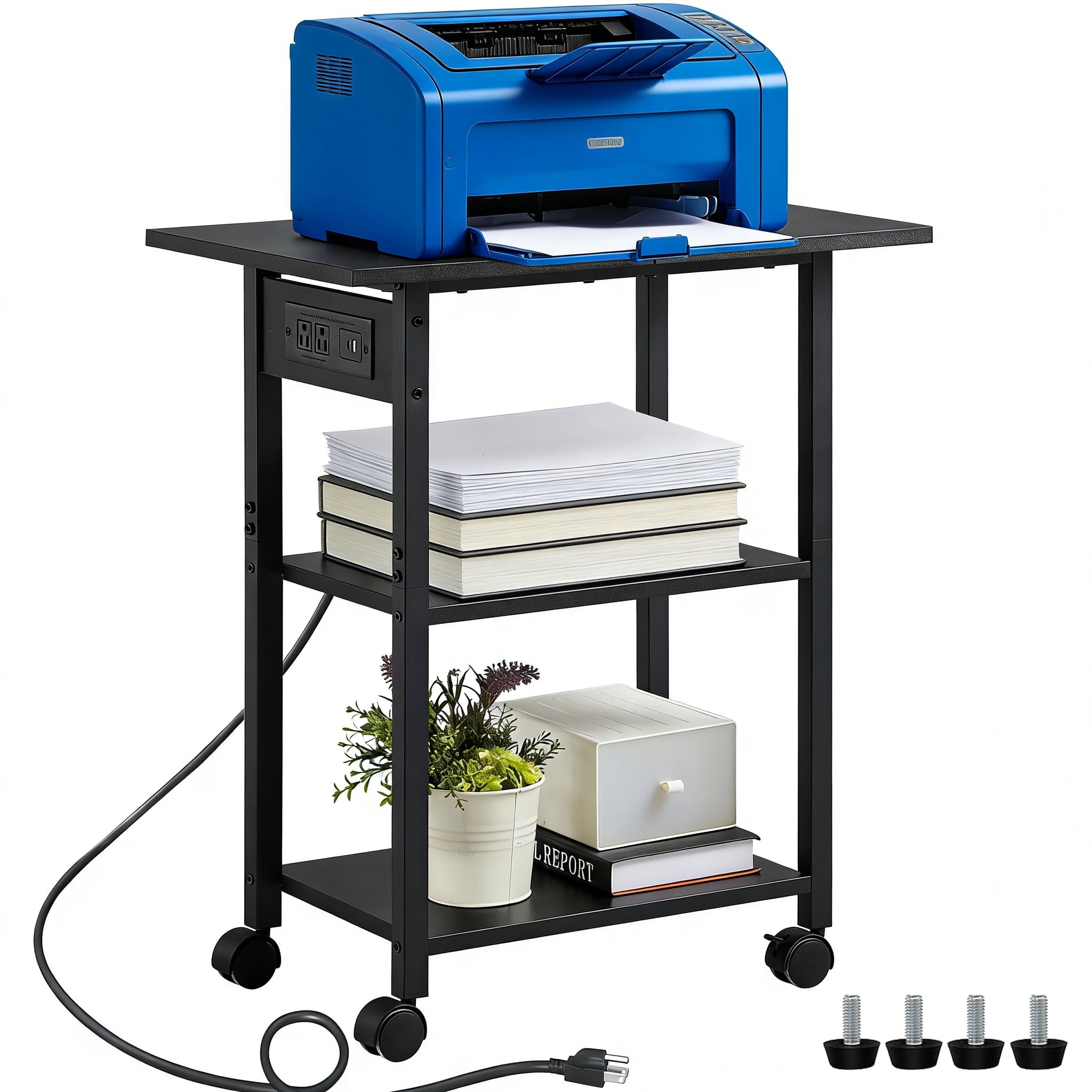 Leyaoyao 3-Tier Rolling Printer Stand with Industrial Machine Cart, Rolling Printer Cart Holder with Lockable Wheels for Home, Black