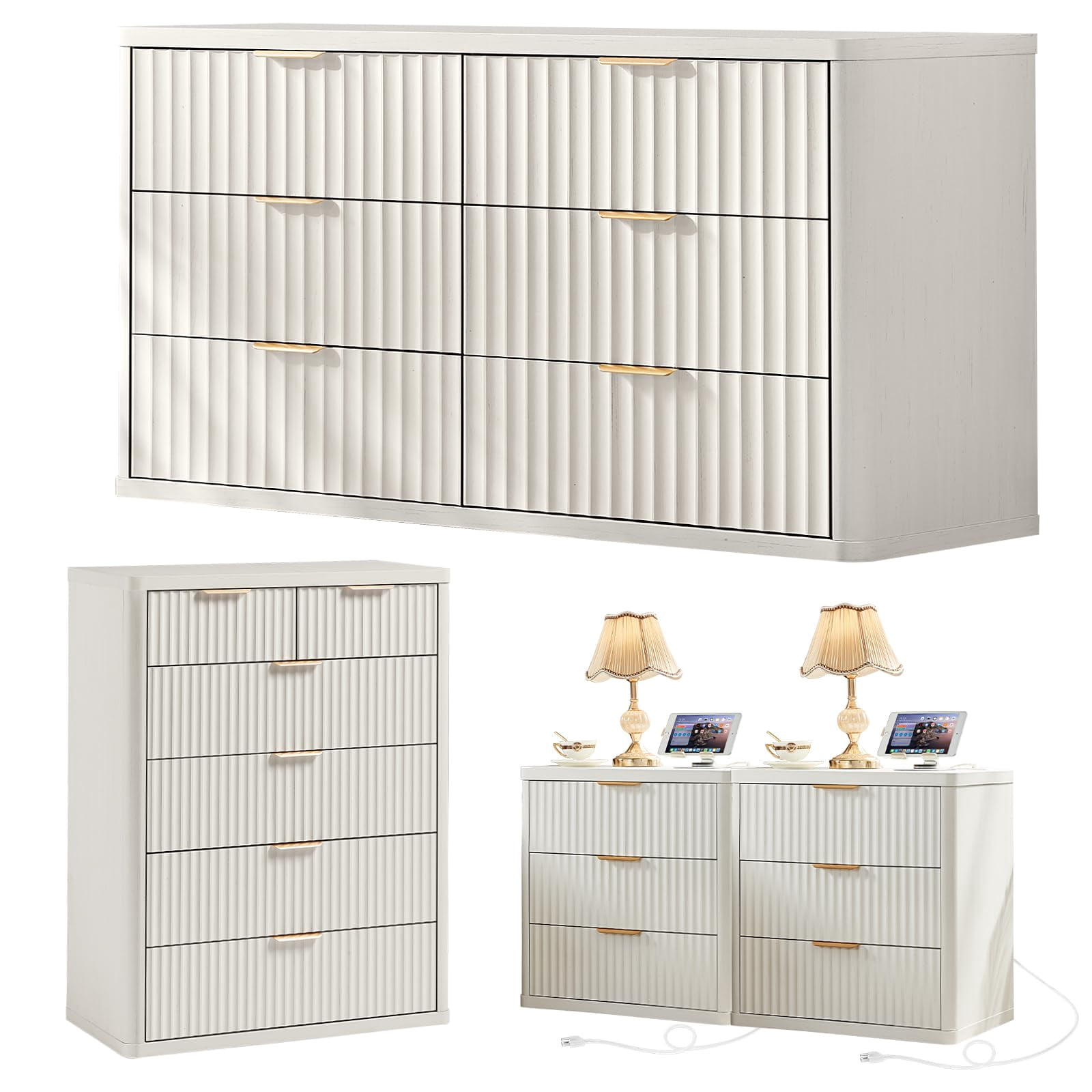 Scrub Garb Leyaoyao 4-Piece Fluted Dresser Set, 6 Drawer Low Dresser, 2+4 Drawer ...