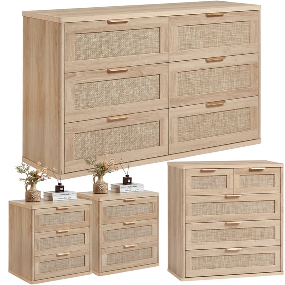 Leyaoyao 4 Pieces Rattan Bedroom Sets, 6-Drawer Dresser, Vertical 5-Drawer Chest & 3-Drawer Nightstand Set of 2 with Charging Station, Natural Wood