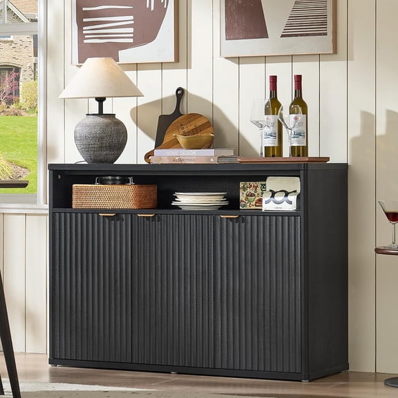 Leyaoyao 45" Fluted Sideboard Buffet Cabinet with Storage, Kitchen Storage Cabinet with 3-Doors for Kitchen, Dining Room, Black
