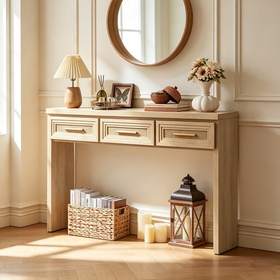 Leyaoyao 47" Console Table with 3 Drawers, Modern Wood Entryway Table with Layered Drawer Design, Open Bottom Storage for Hallway, Rattan