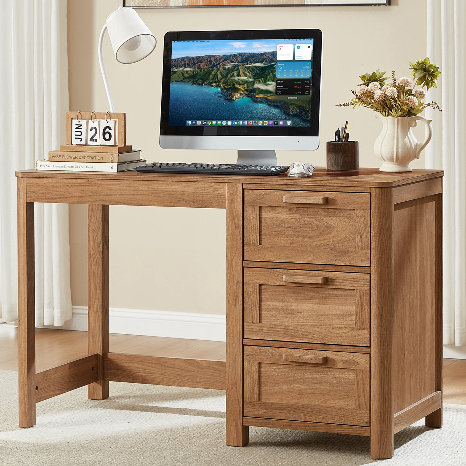 Leyaoyao 48" Computer Writing PC Desk Home Office with Storage Drawers, Modern Laptop Desk Workstation for Bedroom, Dark Wood