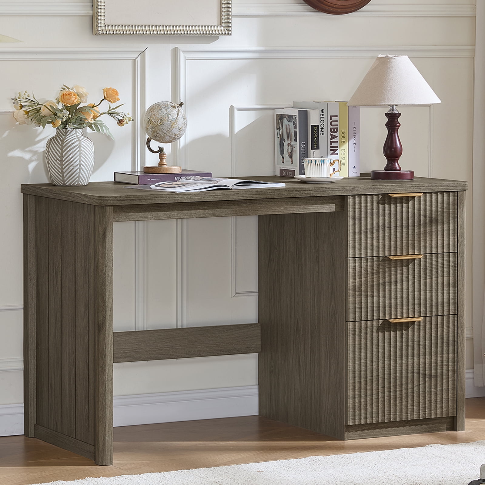 Leyaoyao 48" Fluted Computer Desk with 3 Drawers & Metal Handles, Modern Executive Desk, Writing Desk for Home Office Bedroom, Grey Oak