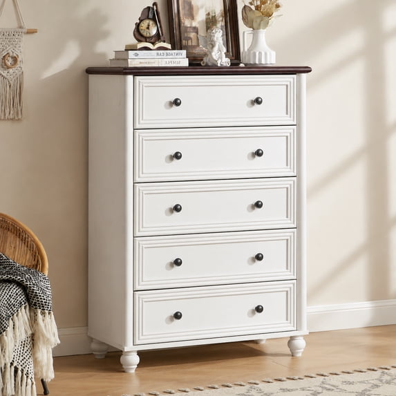 Leyaoyao 5 Drawer Dresser, 45" Tall Farmhouse Rustic Wood Chest with 4 Wooden Legs, Vertical Chests of Drawers for Bedroom, Living Room, White