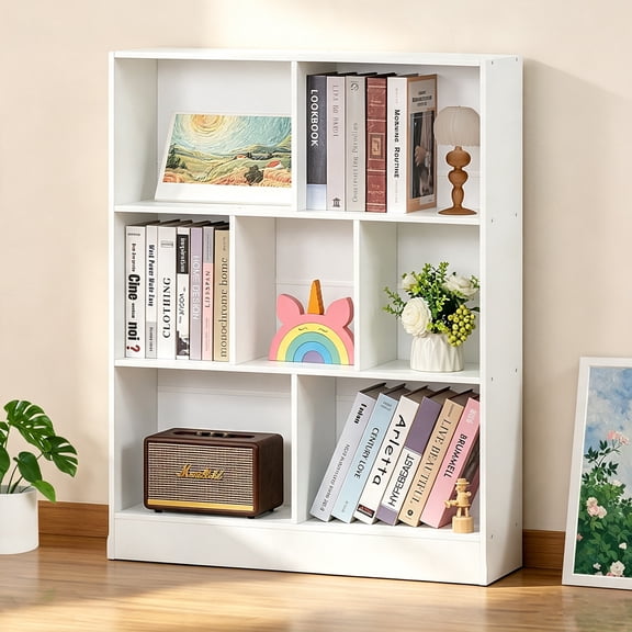 Leyaoyao 7 Cube Bookshelf with Base, 3 Tier Mid-Century Modern Bookcase, Wide Storage Organizer Shelf for Bedroom, Living Room and Office, White