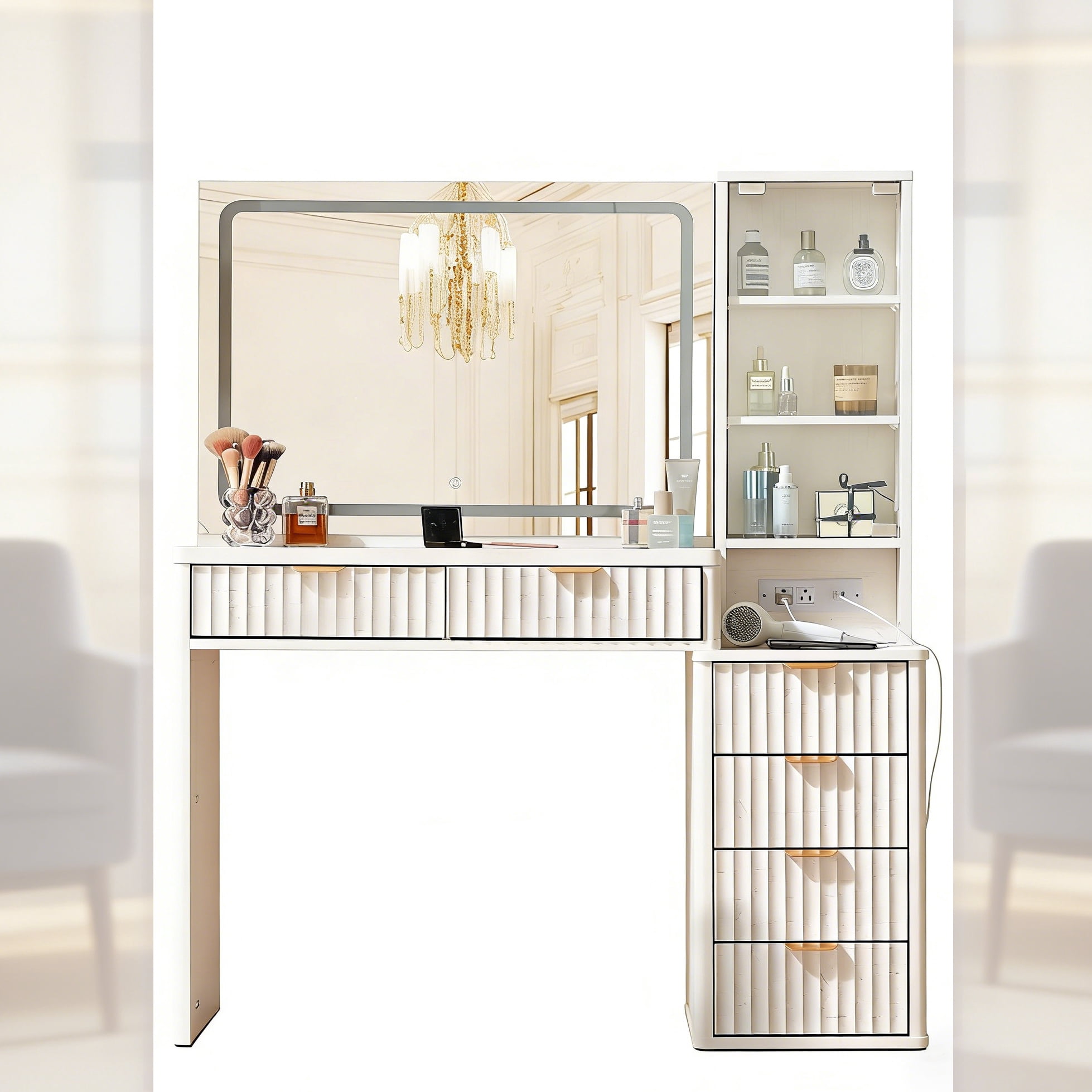 Leyaoyao Adult White Vanity Desk Set with Mirror and Lights, Makeup Table with Charging Station & 3 Shelves, Vanity Dressing Table with 6 Drawers, 43.5in