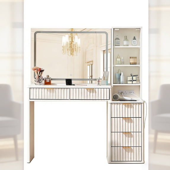 Leyaoyao Adult White Vanity Desk Set with Mirror and Lights, Makeup Table with Charging Station & 3 Shelves, Vanity Dressing Table with 6 Drawers, 43.5in