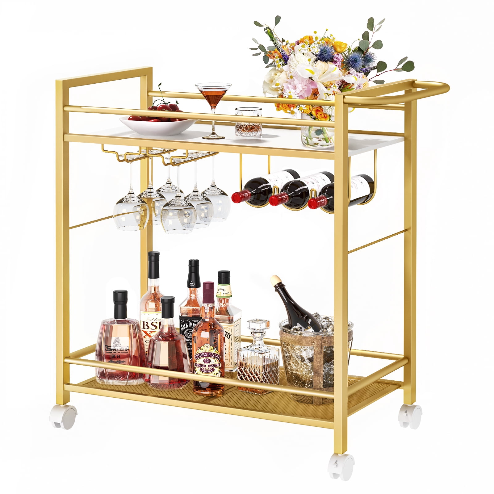 Leyaoyao Bar Cart with Matte Gold Metal Finish, Rolling Wine Cart for Kitchen, Dining Room, Gold