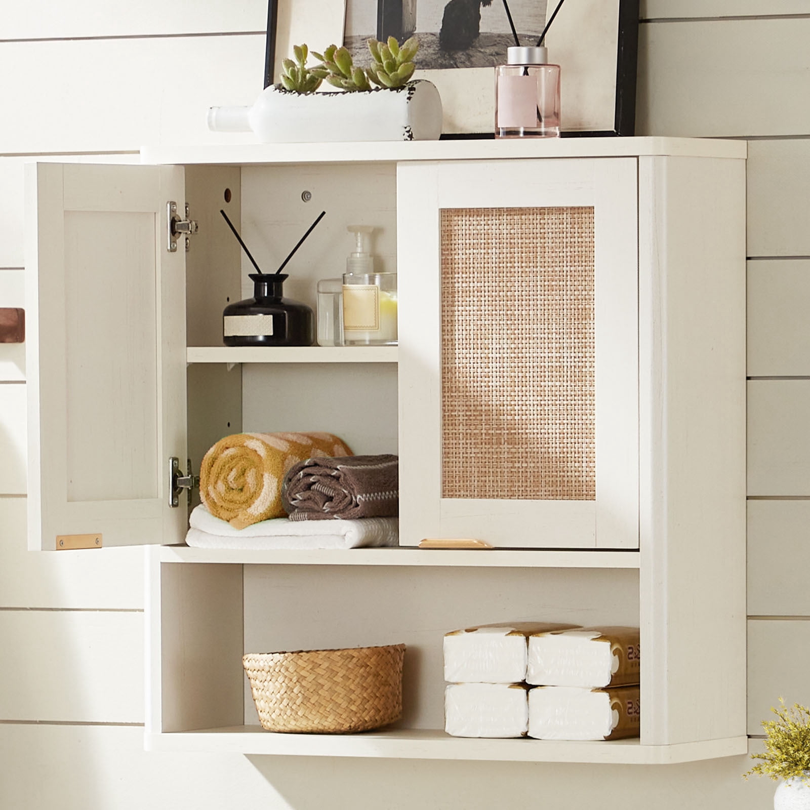 Leyaoyao Bathroom Cabinet Wall Mounted, Wood Adult Hanging Cabinet, Wall Cabinets with Doors and Shelves Over The Toilet for Laundry Room, Grey White
