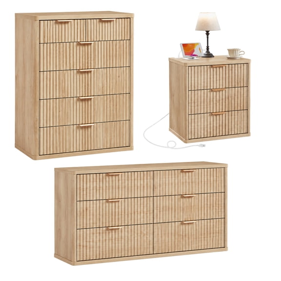 Leyaoyao Bedroom Dresser Set & Nightstand Set, Farmhouse Fluted Bedroom Furniture Set, Night stand Set with Charging Station, Natural