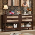 thumbnail image 1 of Leyaoyao Boho Accent Nightstand Set of 2 with Charging Station, 30" Tall Rattan 2-Drawer Bedside Table, Wood End Table for Bedroom, Walnut, 1 of 9