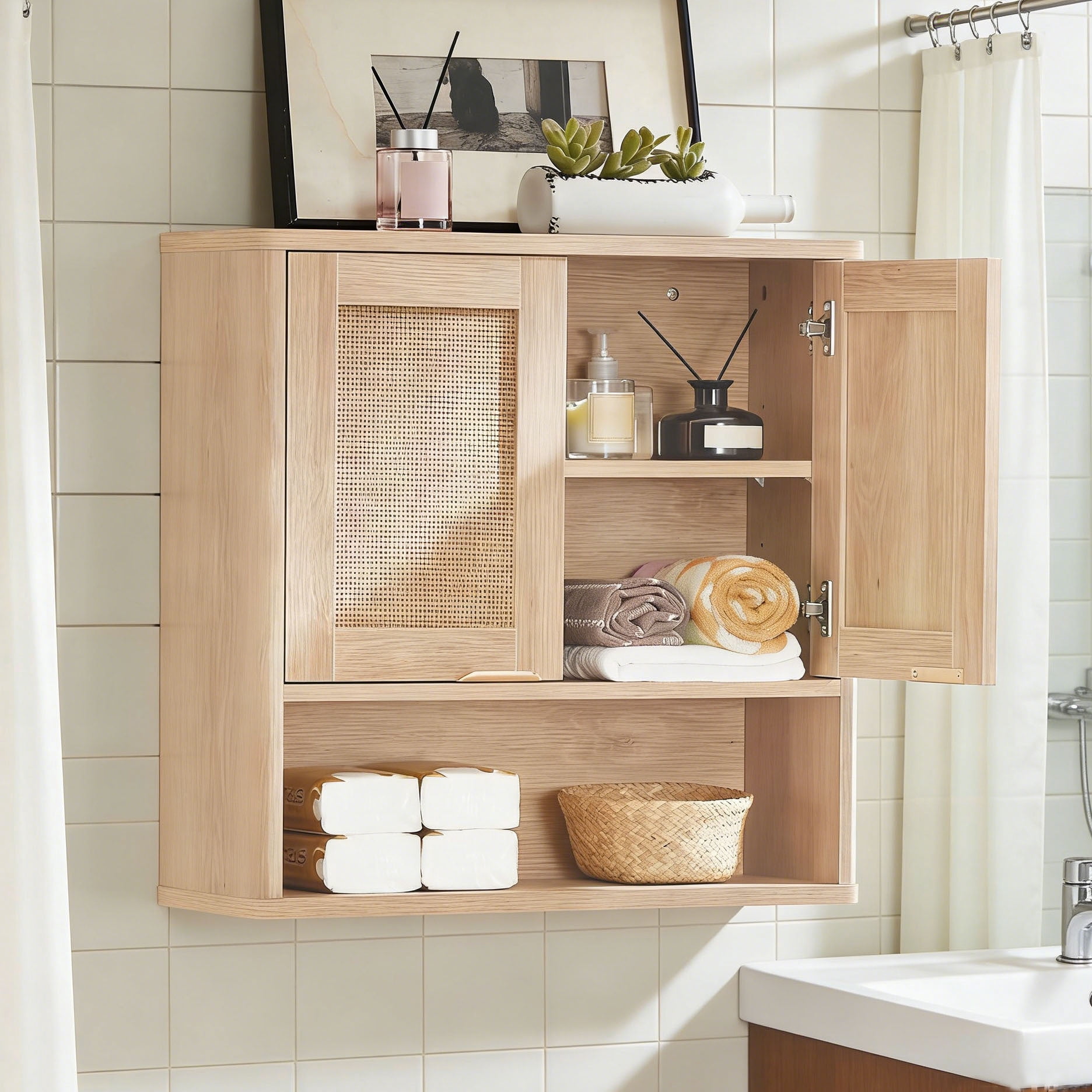 Leyaoyao Boho Bathroom Cabinet Wall Mounted with Doors, Wood Hanging Cabinet, Adult Wall Cabinets with Shelves Over The Toilet, Natural Oak