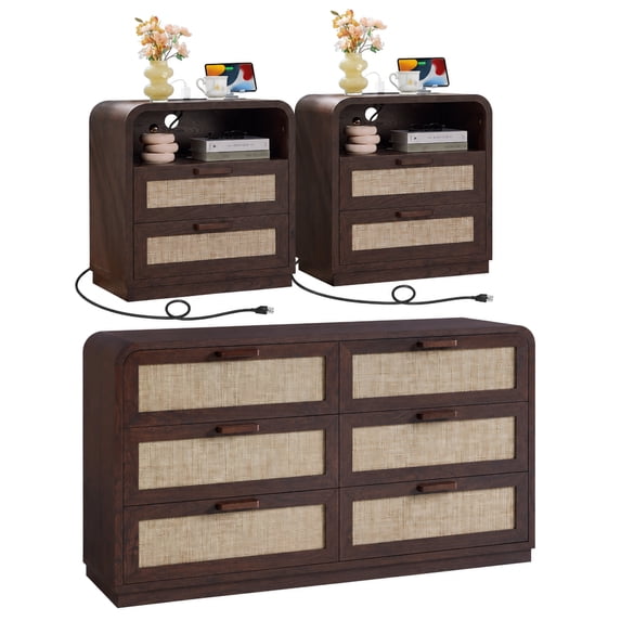 Leyaoyao Boho Bedroom Furniture Set of 3, Rattan 6 Drawers Dresser & Nightstand Set of 2 with Charging Station, Dresser Nightstand Set, Retro Walnut