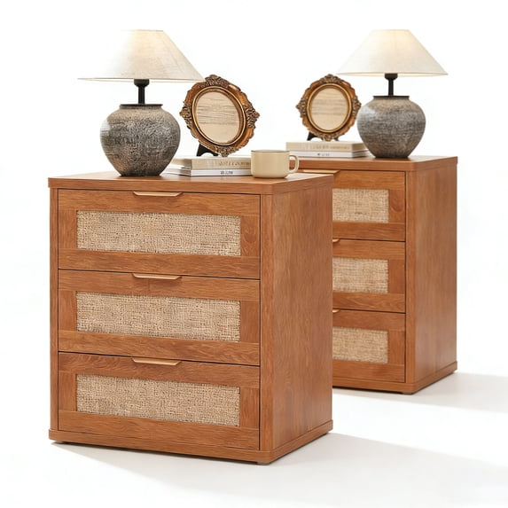 Leyaoyao Boho Nightstand, Set of 2 Wood Bedside Table with 3 Drawers, Adult Sofa Side End Table Night Stand for Living Room, Office, Tea Brown