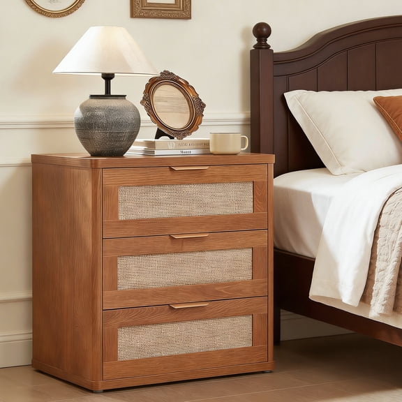 Leyaoyao Boho Nightstand, Wood Bedside Table with 3 Drawers, Adult Sofa Side End Table Night Stand for Living Room, Office, Tea Brown