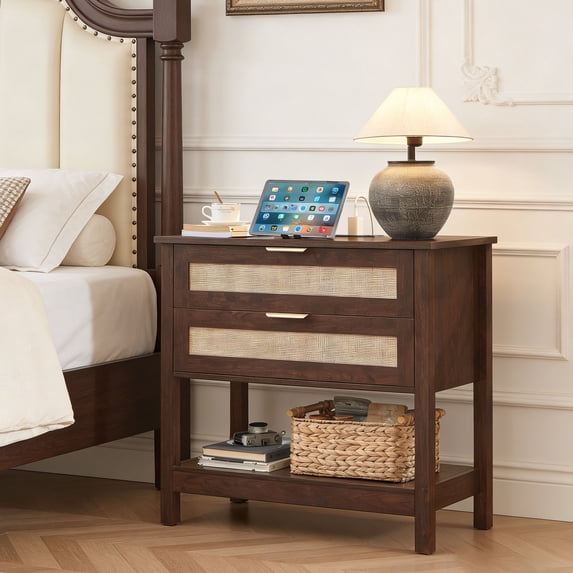 Leyaoyao Boho Nightstands with Charging Station, Rattan Bedside Tables with 2 Drawers, Large End Table for Bedroom Living Room Hallway, Walnut