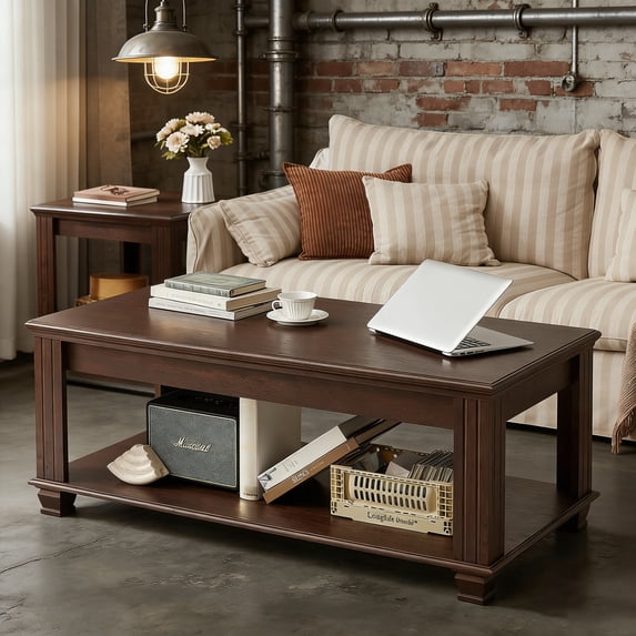 Leyaoyao Coffee Table Retro Mid-Century Coffee Table W/Storage Open Shelf Living Room, Walnut