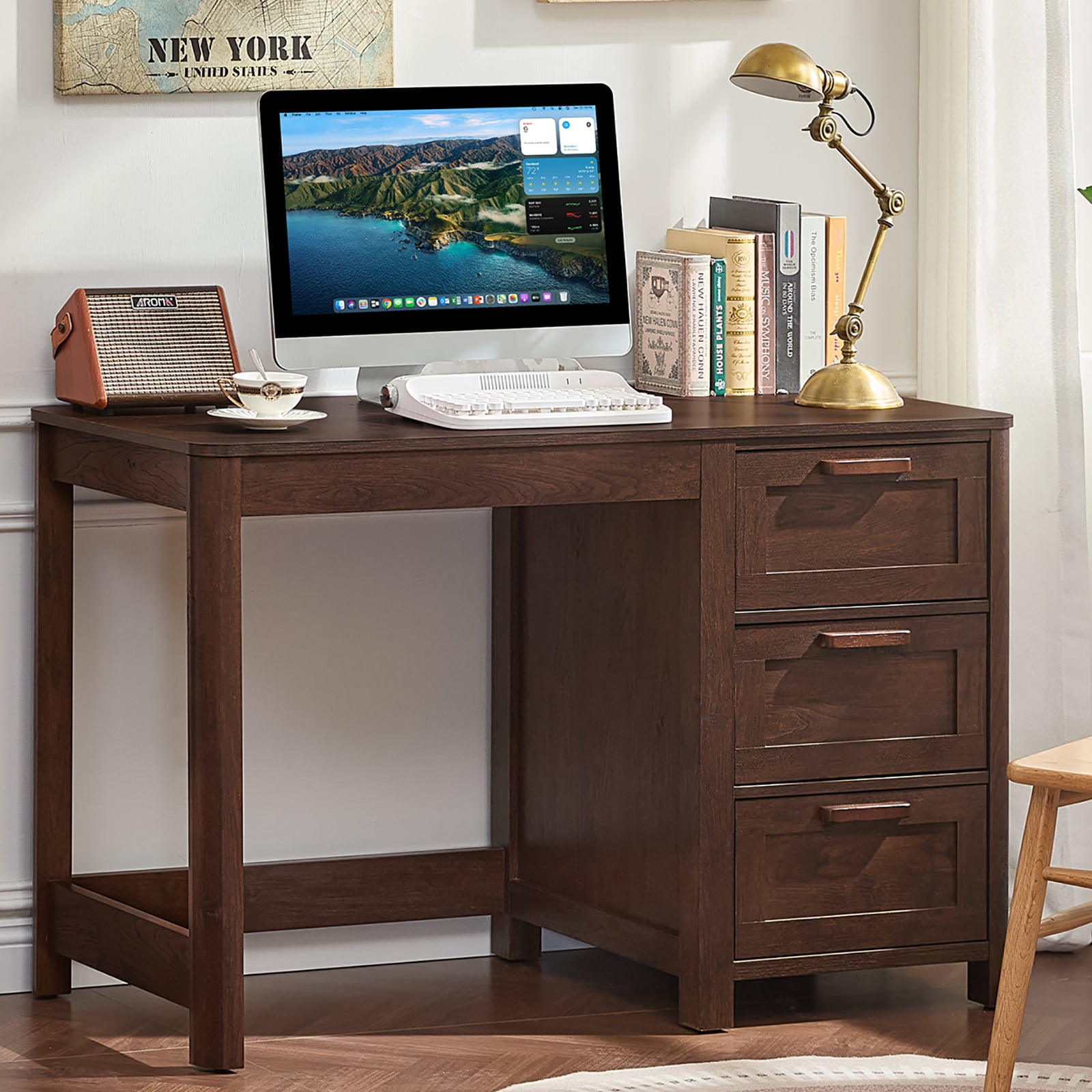 Leyaoyao Computer Desk with 3 Storage Drawers , Writing for Home Office, Study Work Table for Bedroom and Small Space, Walnut
