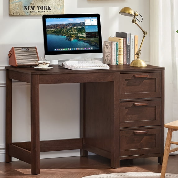 Leyaoyao Computer Desk with 3 Storage Drawers , Writing for Home Office, Study Work Table for Bedroom and Small Space, Walnut