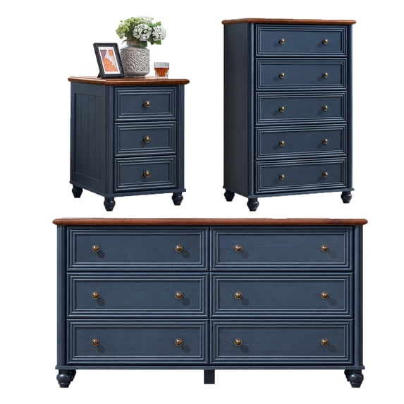 Leyaoyao Farmhouse Bedroom Set of 3, 6 Drawers Dresser, 5 Drawers Dresser and 3 Drawers Nightstand, Rustic Dresser Nightstand Set, Dark Blue