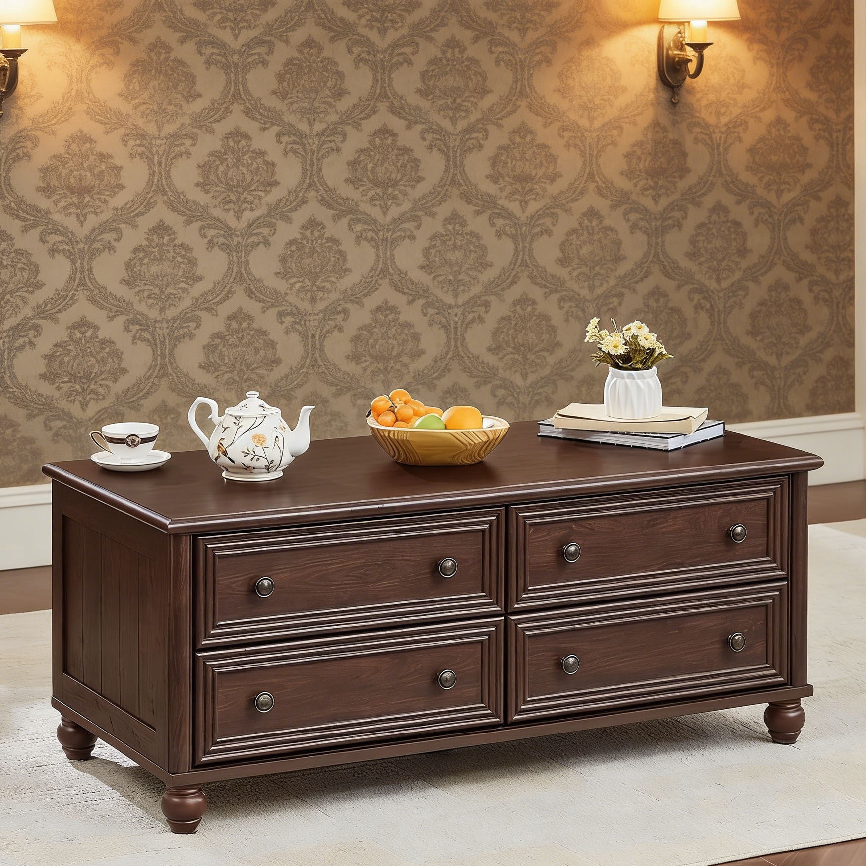 Leyaoyao Farmhouse Coffee Table with Drawers, Rectangular Rustic Center Table with Hidden Storage for Living Room, Office, Walnut