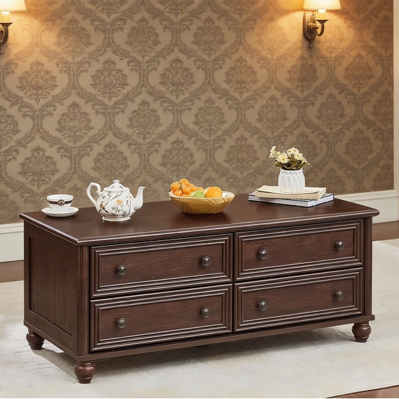 Leyaoyao Farmhouse Coffee Table with Drawers, Rectangular Rustic Center Table with Hidden Storage for Living Room, Office, Walnut
