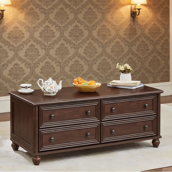 Leyaoyao Farmhouse Coffee Table with Drawers, Rectangular Rustic Center Table with Hidden Storage for Living Room, Office, Walnut
