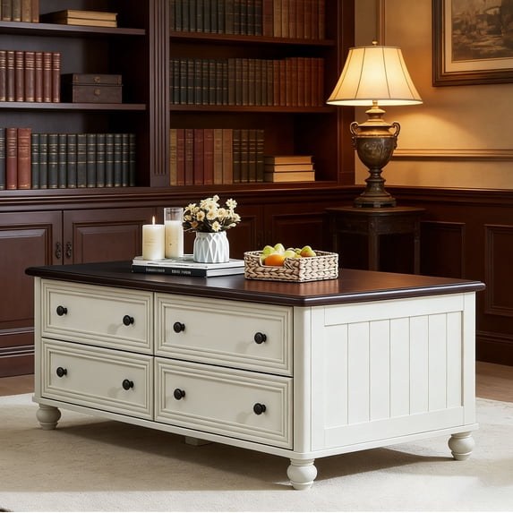 Leyaoyao Farmhouse Coffee Table with Drawers, Rectangular Rustic Center Table with Hidden Storage for Living Room, Office, White