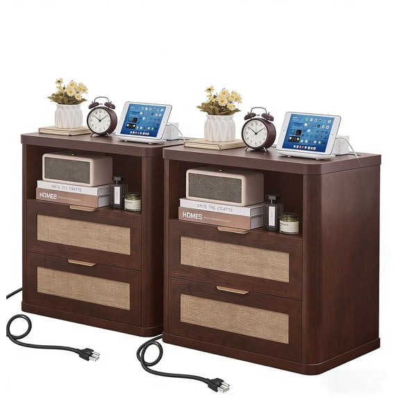 Leyaoyao Farmhouse Night Stand with Charging Station Set 2, End Table with 2 Rattan Drawers, Adult Wood Bedside Storage Cabinet, Walnut