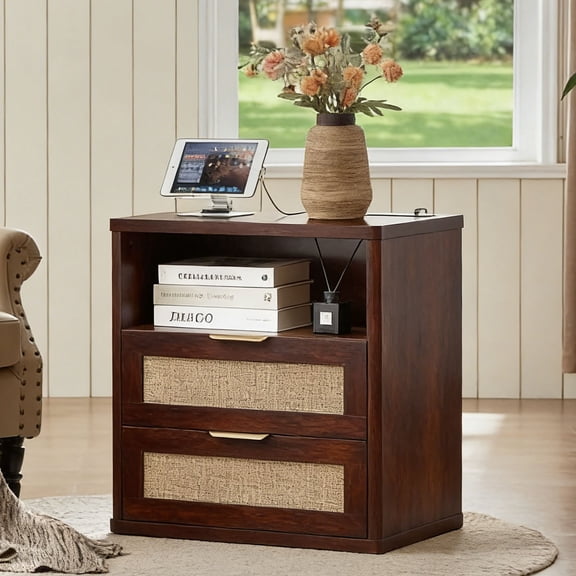 Leyaoyao Farmhouse Night Stand with Charging Station, Side Table with 2 Rattan Drawers, Adult Wood Bedside Table for Bedroom, Tea Brown