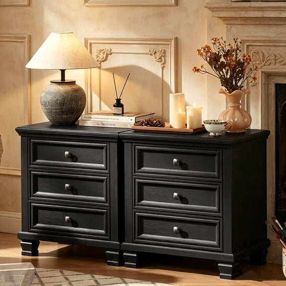 Leyaoyao Farmhouse Nightstand Set of 2, Rustic Night Stand with 3 Drawers, Vintage End Table for Bedroom, Living Room, Black