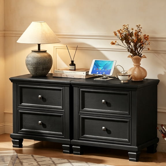 Leyaoyao Farmhouse Nightstand Set of 2 with Charging Station, Mid Century Night Stand with 2 Drawers, Vintage Bedside Table for Bedroom, Black