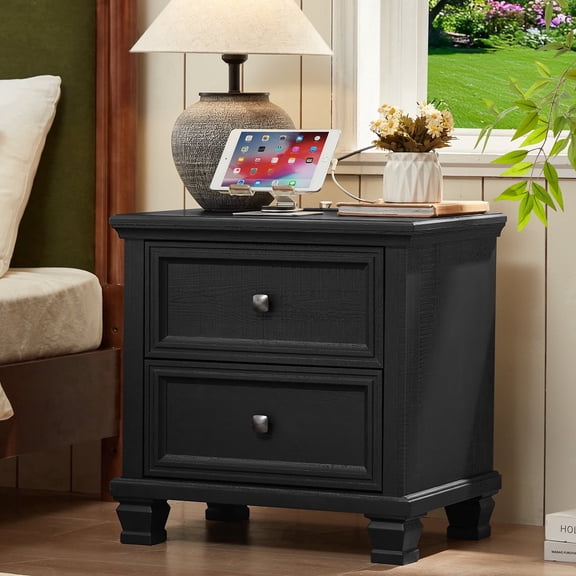 Leyaoyao Farmhouse Nightstand with Charging Station, Mid Century Night Stand with 2 Drawers, Vintage Bedside Table for Bedroom, Living Room, Black