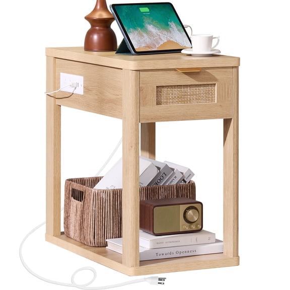 Leyaoyao Farmhouse Rattan End Table with Charging Station, Narrow Side Table for Living Room, Bedside Table with Drawer and Bottom Shelf, Natural