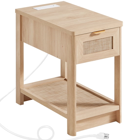 Leyaoyao Farmhouse Rattan End Table with Charging Station, Narrow Side Table for Living Room, Bedside Table with Drawer and Bottom Shelf, Natural