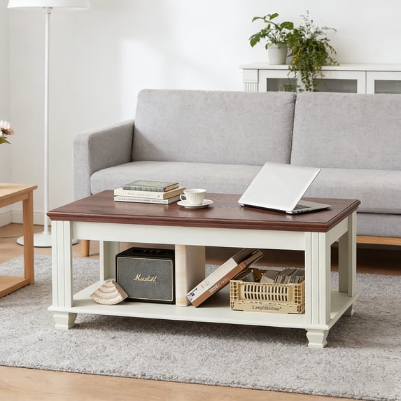 Leyaoyao Farmhouse Square Coffee Table with Open Shelf, Large Modern Rustic Brown Center Table, White