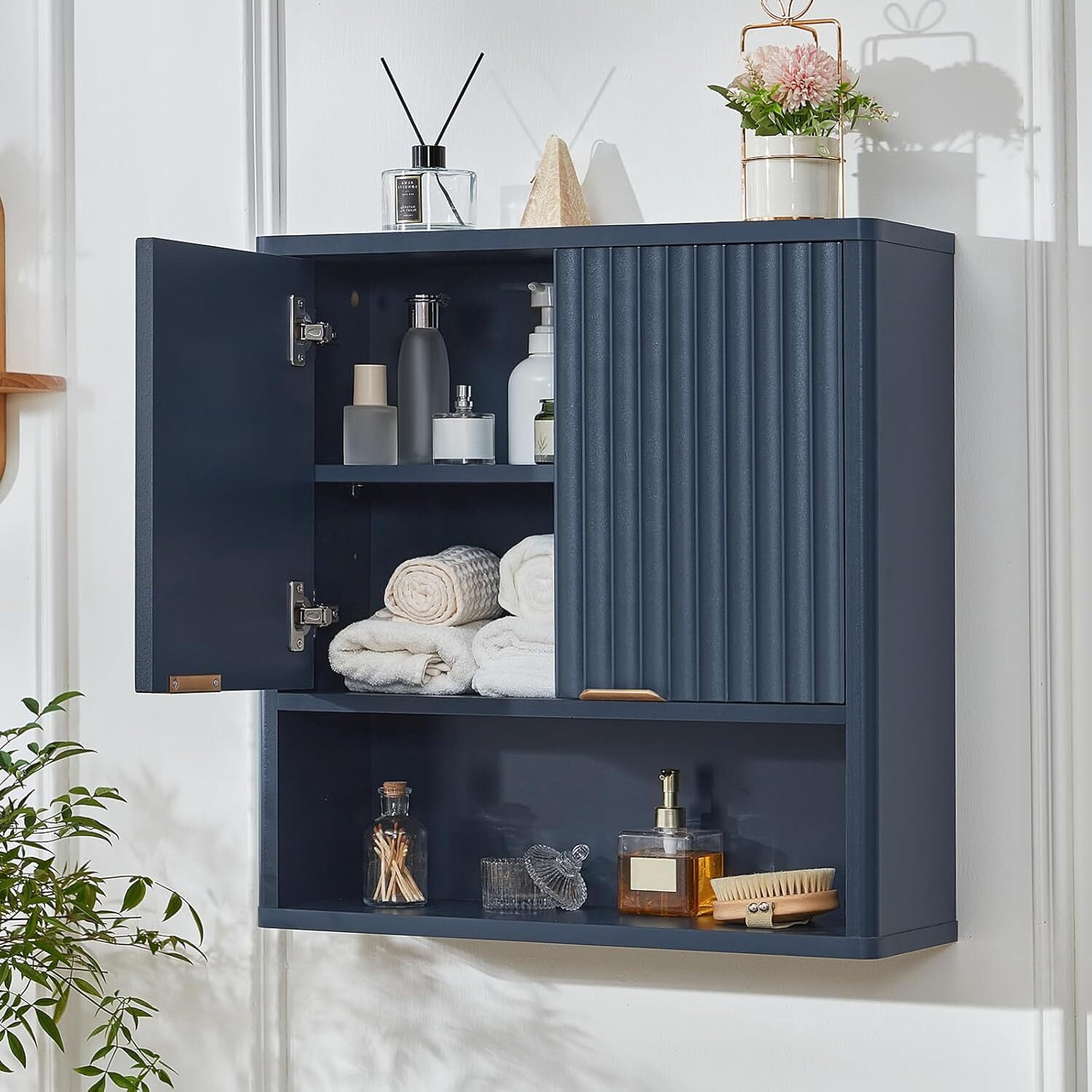 Leyaoyao Fluted Bathroom Cabinet Wall Mount, Adult Medicine Cabinet Storage Organizer with Doors and Adjustable Shelves, Navy